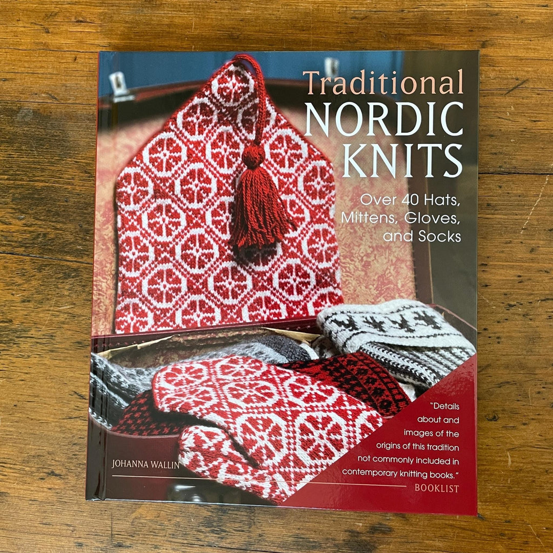Cover of Traditional Nordic Knits book with red and white colorwork mittens and hat.