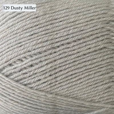 West Yorkshire Spinners Signature 4ply yarn, 100-gram ball, fingering weight, in 129 Dusty Miller, a silvery white