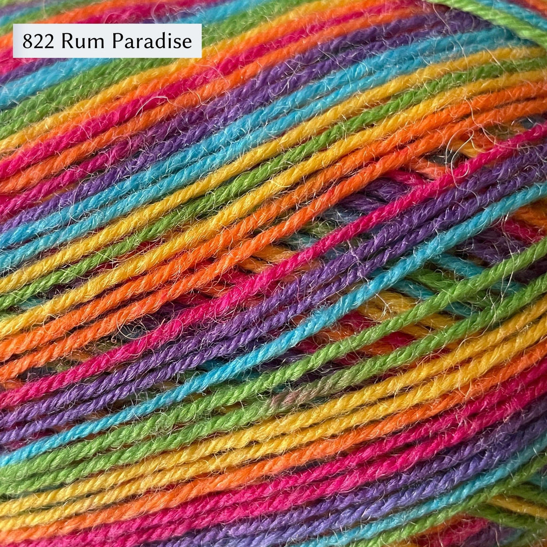 West Yorkshire Spinners Signature 4ply yarn, fingering weight, in color 822 Rum Paradise, a tropical multicolored rainbow with fuschia, purple, aqua, green, yellow, and orange