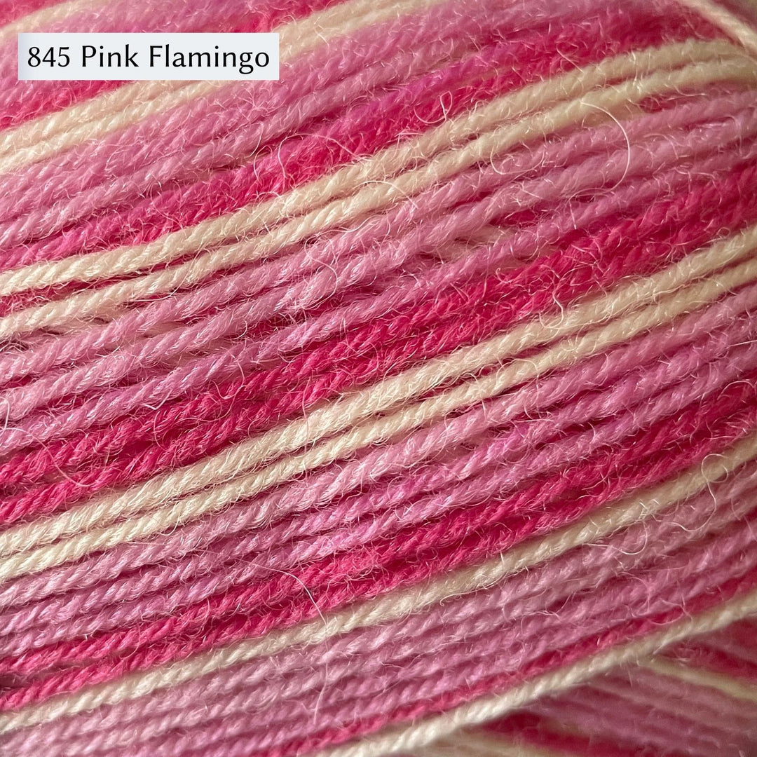 West Yorkshire Spinners Signature 4ply yarn, fingering weight, in color 845 Pink Flamingo, a self-striping color in cream, light pink, and raspberry pink