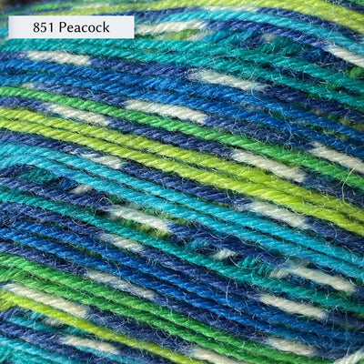 West Yorkshire Spinners Signature 4ply yarn, fingering weight, in color 851 Peacock, a bird-inspired colorway with stripes of light green, kelly green, turquoise, and blue, and a blue and white self-patterning section