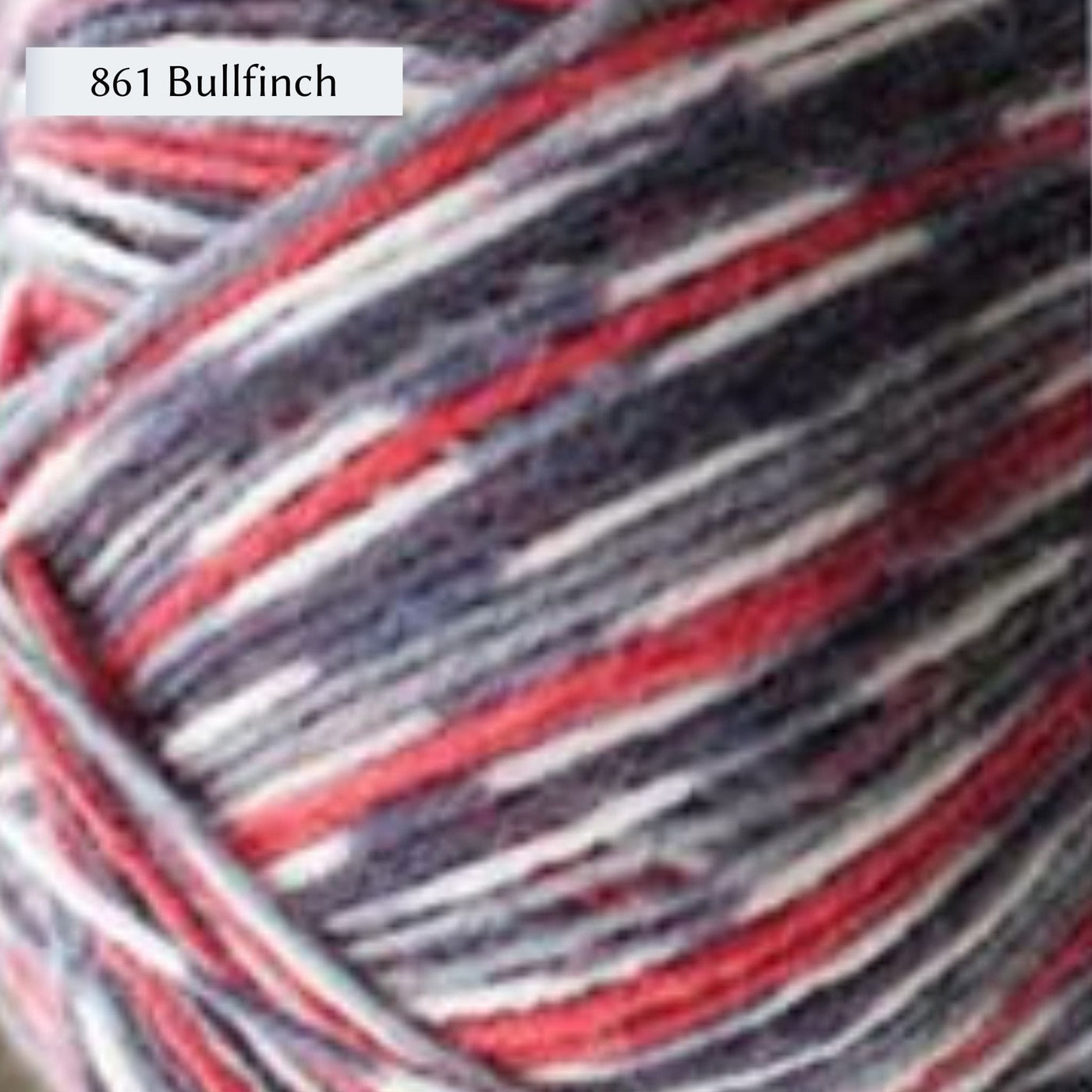 West Yorkshire Spinners Signature 4ply yarn, fingering weight, in color 861 Bullfinch, a bird-inspired colorway with red, dark grey, and light grey stripes, and self-patterning section of grey and white