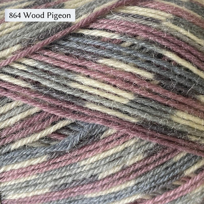 West Yorkshire Spinners Signature 4ply yarn, fingering weight, in color 864 Wood Pigeon, a bird-inspired colorway with mauve and grey stripes, and a light grey and white self-patterning section