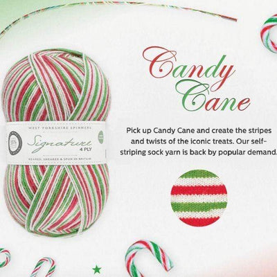 West Yorkshire Spinners Signature 4ply yarn, fingering weight, in color Candy Cane, a self-striping color with green, red, and white stripes