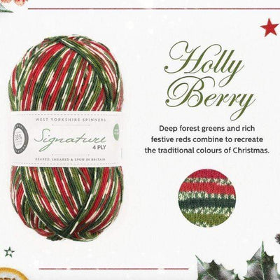 West Yorkshire Spinners Signature 4ply yarn, fingering weight, in color Holly Berry, a holiday patterning colorway with stripes of red, orange, forest green, and kelly green and self-patterning sections of green and white