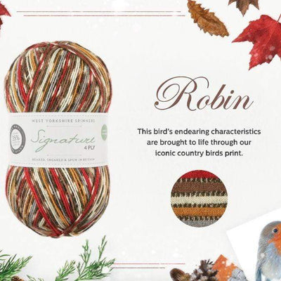 West Yorkshire Spinners Signature 4ply yarn, fingering weight, in color Robin, a self-patterning colorway with strips of red, brown, white, and tan, and self-patterning sections of white and brown