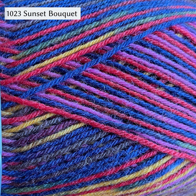 West Yorkshire Spinners Signature 4ply yarn, fingering weight, in color 1023 Sunset Bouquet, a multicolor stripe primarily royal blue with some yellow, pink, and red