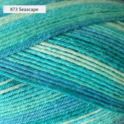 West Yorkshire Spinners Signature 4ply yarn, fingering weight, in color 873 Seascape, a striping colorway with shades of blue-green from seafoam through teal