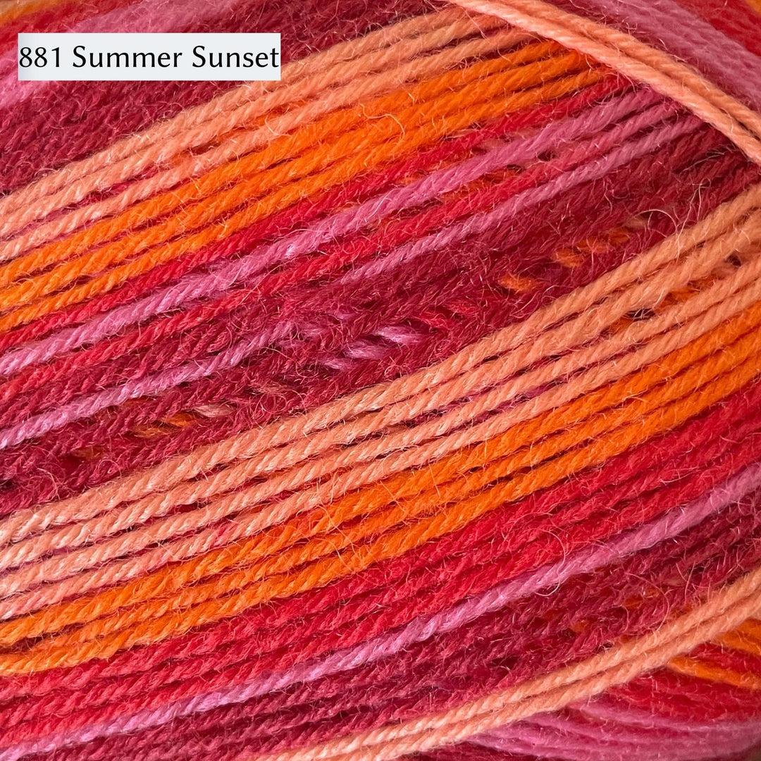 West Yorkshire Spinners Signature 4ply yarn, fingering weight, in color 881 Summer Sunset, a striping colorway in peach, orange, pink, and burgundy