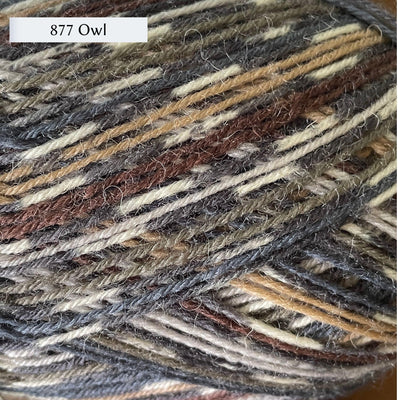 West Yorkshire Spinners Signature 4ply yarn, fingering weight, in color 877 Owl, a bird-inspired colorway with greys, tan, brown and a self-patterning white and grey section