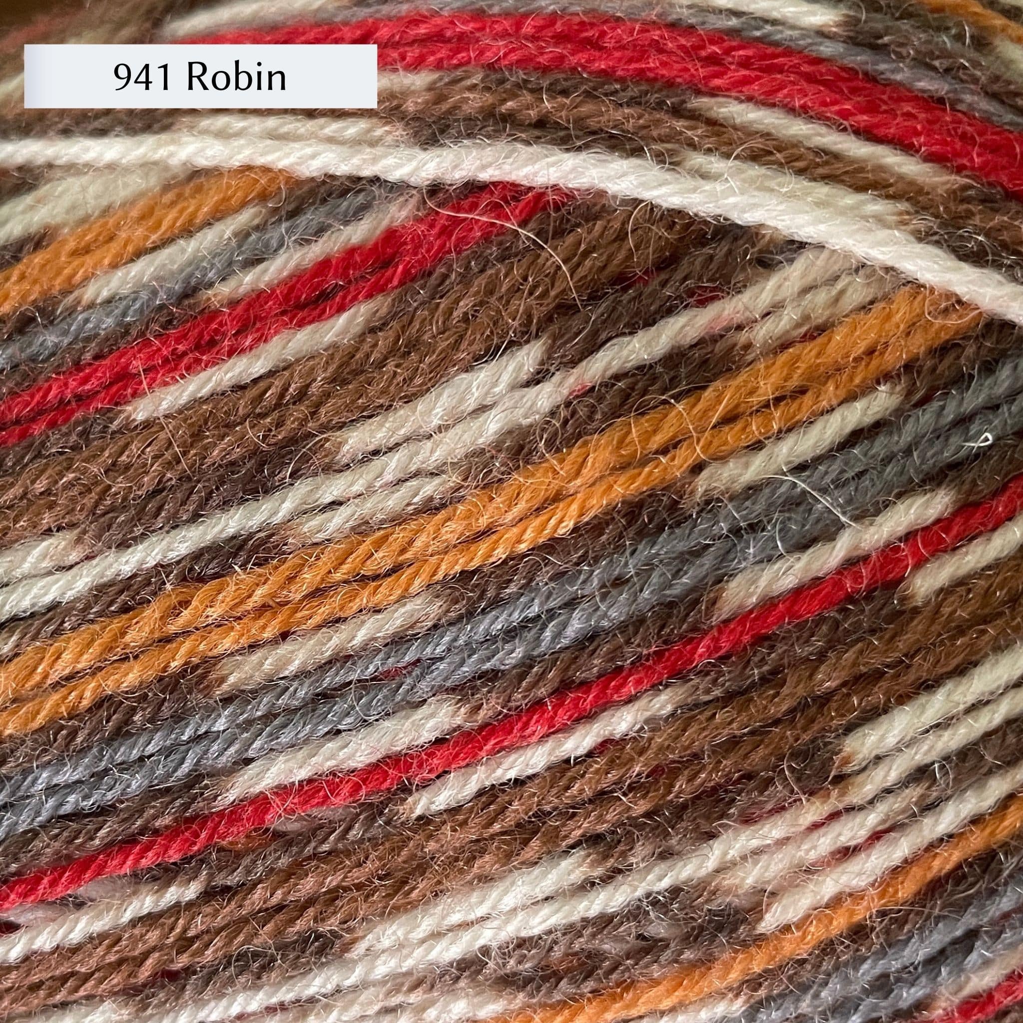 West Yorkshire Spinners Signature 4ply yarn, fingering weight, in color 941 Robin, a bird-inspired colorway with red, white, copper, brown and steel grey, and a self-patterning section of brown and white