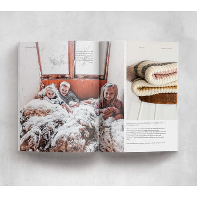 Yarnologie Volume 3 Magazine page spread. Left page: photo of children smiling with raw wool. Right page: 3 knitted sweaters folded.