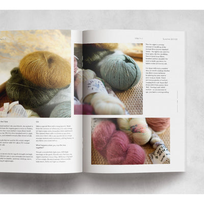 Yarnologie Volume 3 Magazine page spread. Three photos: wool cakes and hanks in pink, teal, dark green, mustard, cream.