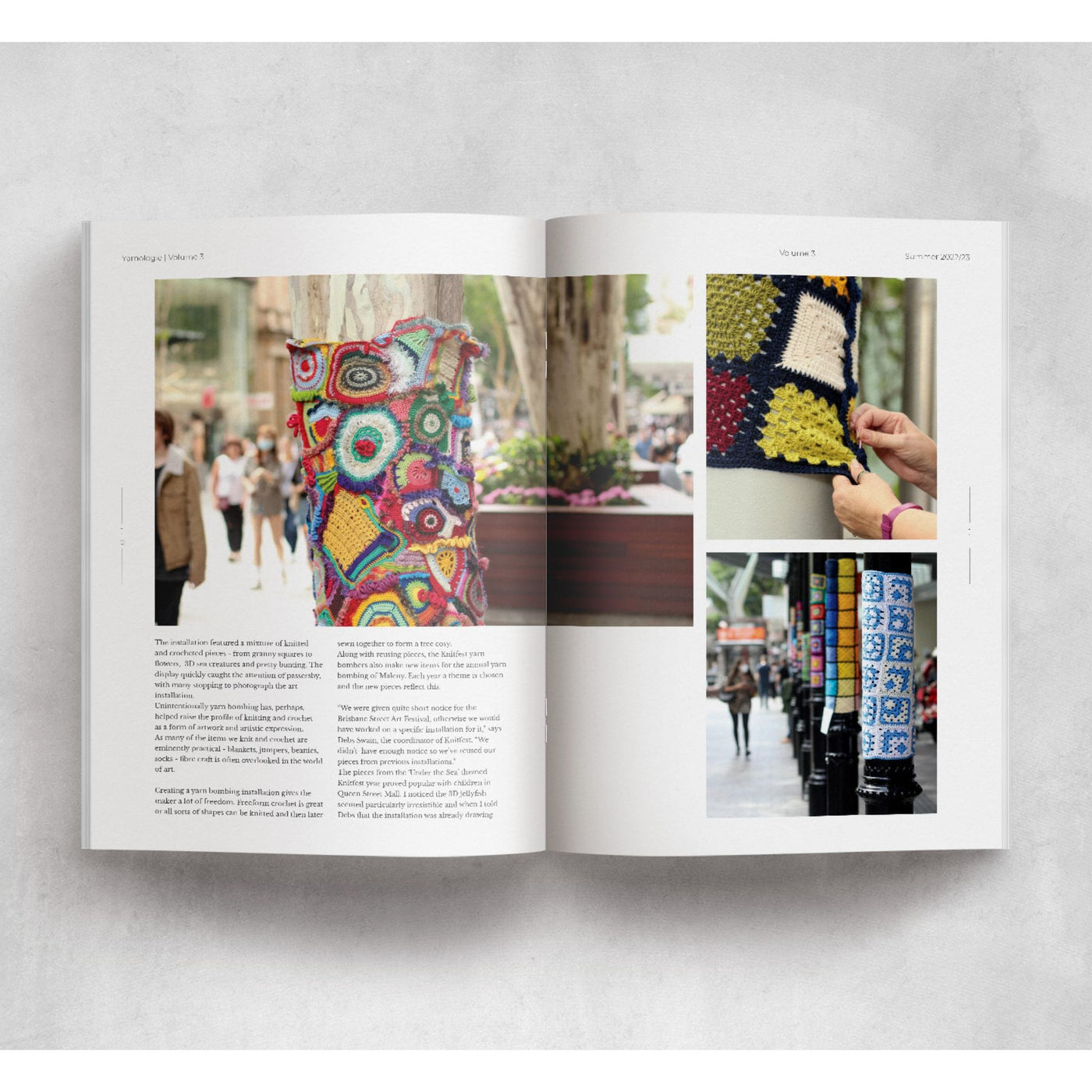 Yarnologie Volume 3 Magazine page spread. Three photos: yarnbombed tree truck, sewing yarnbomb wrap onto a column, series of colorful yarnbombed columns.